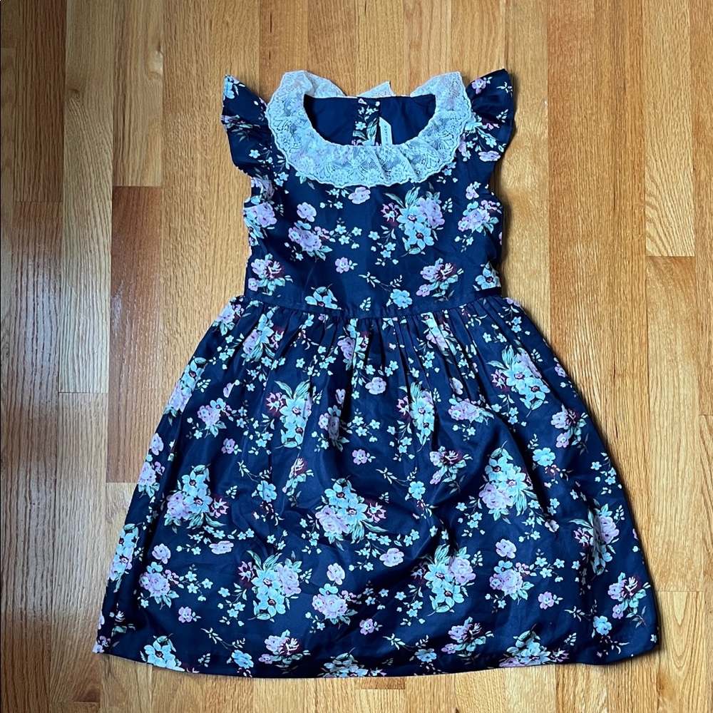 Janie and Jack Navy Floral Dress with Lace Detail